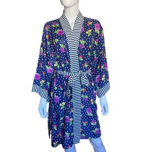 Victoria’s Secret Vintage Gold Label Floral Kimono Robe w/ Striped Trim Sz Large